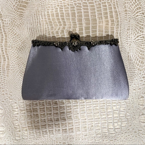 Jessica McClintock Vintage Blue Satin Clutch - Picture 1 of 9